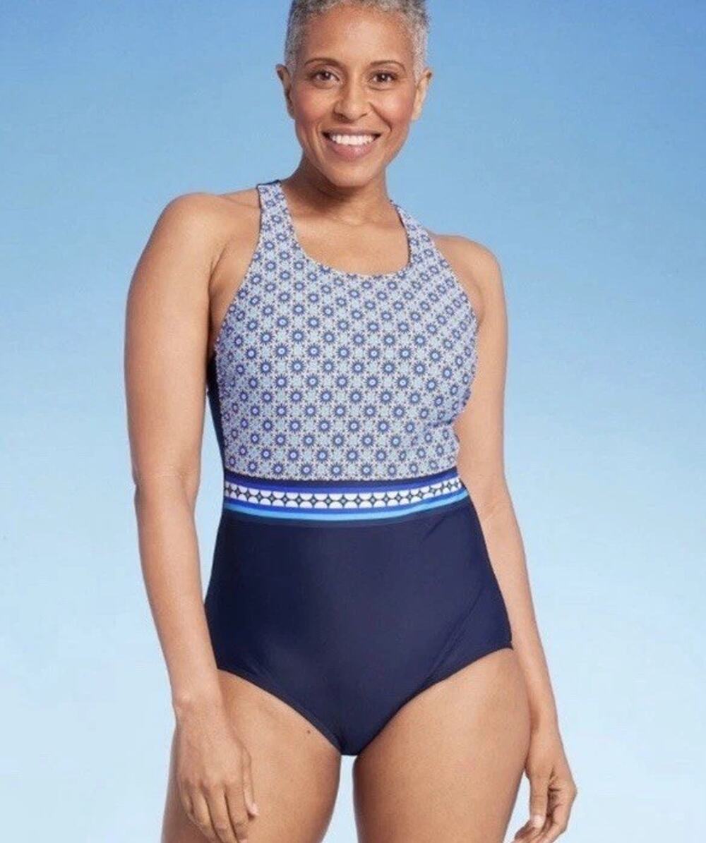 Lands' End Swimsuit Women’s L 14/16 1-Pc Purple Floral Print High Neck Keyhole